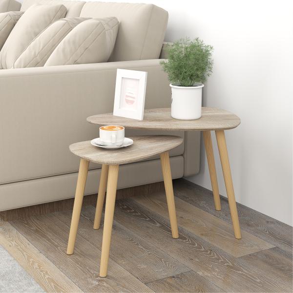 Conjunto de 2 Mesas Auxiliares com Pés de Madeira Mesas de Café 59,5x39,5x45 cm e 44,5x28,5x40 cm Madeira