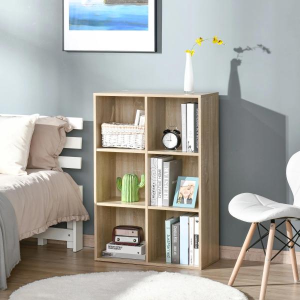 Estante para Livros Estante de Madeira de 3 Níveis com 6 Compartimentos de Armazenamento65,5x30x97,5cm Carvalho