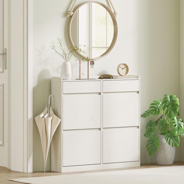 Sapateira Estreita com 4 Portas Sapateira para Entrada com 2 Gavetas para 8 Pares de Sapatos 98x19,2x95,3 cm Branco
