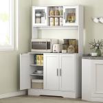 Armário de Cozinha com 2 Portas de Vidro Bancada Ampla para Micro - ondas Compartimentos Abertos Prateleiras Ajustáveis Branco