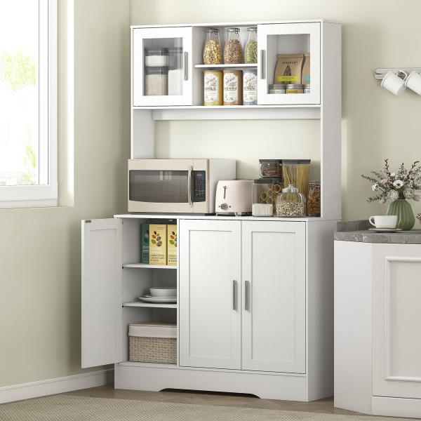 Armário de Cozinha com 2 Portas de Vidro Bancada Ampla para Micro - ondas Compartimentos Abertos Prateleiras Ajustáveis Branco