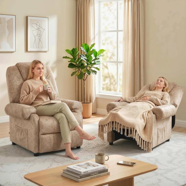 Poltrona Relax Reclinável com Apoio para os Pés Retrátil Encosto Alto Bolso Lateral Acolchoado Grosso 88x91x108 cm Bege