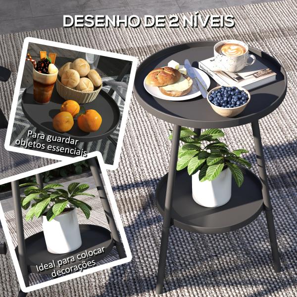 Mesa de Jardim Redonda de 2 Níveis Mesa de Exterior Ø32x51 cm com Bandeja Inferior e Estrutura de Metal Preto
