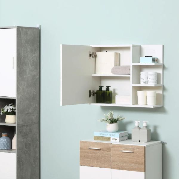 Armário Casa de Banho com Espelho Montado na Parede com 3 Prateleiras Abertas e 1 Porta com Prateleira Interior Estilo Moderno 60x18x50cm Branco