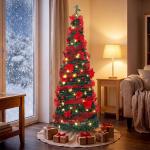 Árvore de Natal Artificial 180 cm com 150 Luzes LED 200 Ramos 11 Modos Bolas Fitas e Suporte Dobrável Verde e Vermelho