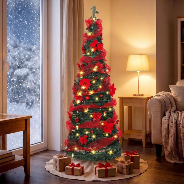 Árvore de Natal Artificial 180 cm com 150 Luzes LED 200 Ramos 11 Modos Bolas Fitas e Suporte Dobrável Verde e Vermelho