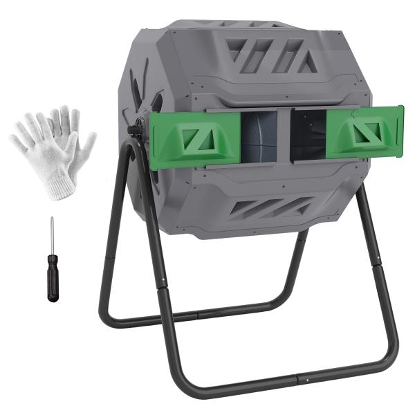Compostor de Tambor Giratório com Capacidade 160L de Dupla Câmara e Ventilação para Resíduos Orgânicos 71x65x96 cm Cinza e Verde