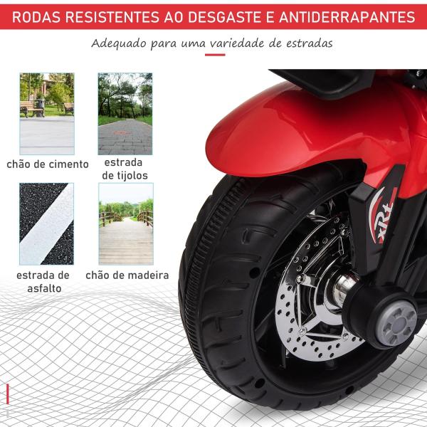 Motocicleta Elétrica Infantil com 3 Rodas para Crianças acima de 3 anos Triciclo com Pedal para Crianças Bateria 6V com Luzes Música Pneus Largos 86x42x52cm Vermelho e Preto