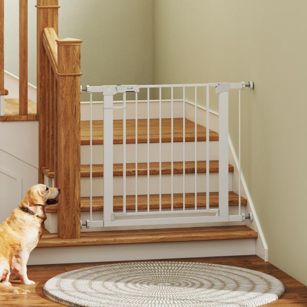 Barreira de Segurança para Cães Animais de Estimação 75 - 96cm para Escadas Portas e Corredores com Fechamento Automático Altura 76cm Branco
