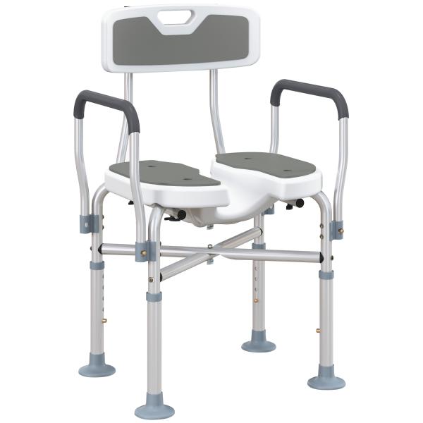 Cadeira de Duche com Abertura em U, Altura Regulável, Antiderrapante, com Encosto e Apoios de Braços, até 136 kg, Cinzento