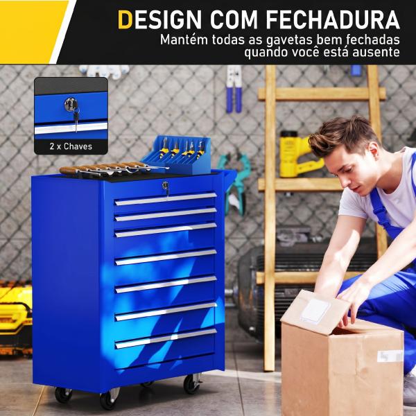 Carrinho de Ferramentas com 7 Gavetas Carrinho de Oficina com Fechadura Pega 2 Rodas com Travão 69x33x75 cm Azul