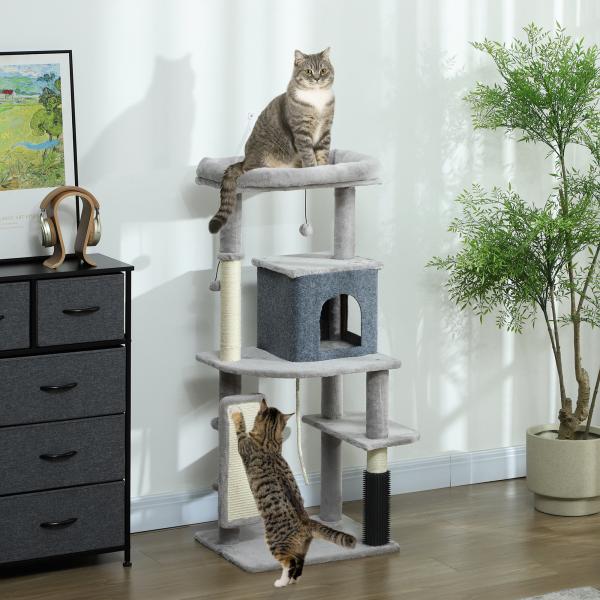 Arranhador para Gatos Grande Altura 132 cm com Plataformas Postes com Escova Bolas Suspensas e Almofadas para Arranhar Cinza