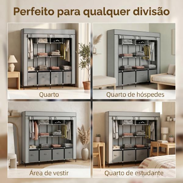Roupeiro de Tecido com 10 Compartimentos 2 Trilhos Suspensos e 4 Gavetas de Tecido 166x42,5x169,5 cm Cinza Escuro