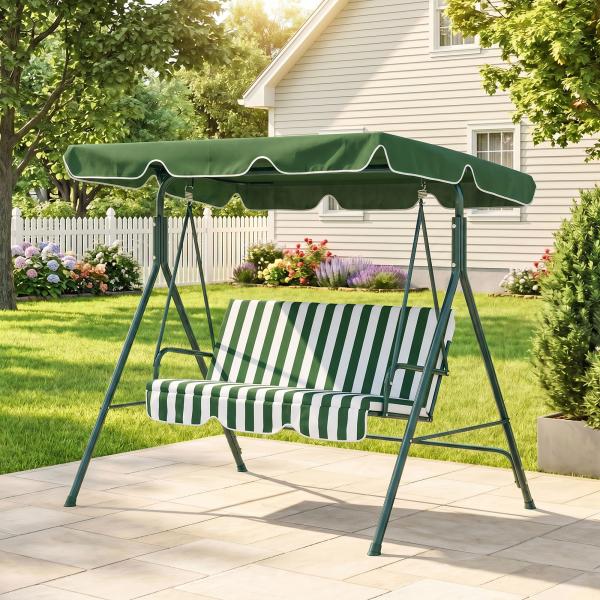 Baloiço de Jardim de 3 Lugares com Almofada Toldo Ajustável e Estrutura de Metal 172x110x153cm Verde e Branco