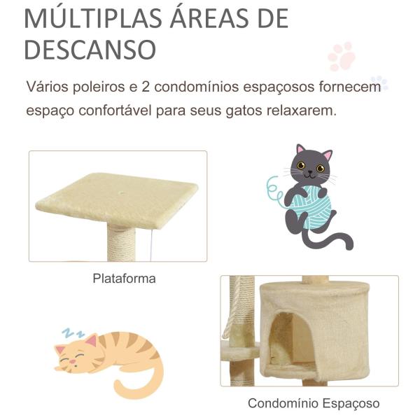Árvore Arranhador para Gatos com 4 Níveis Poste de Sisal Caverna Plataformas e Brinquedos Divertidos 75x40x112 cm Bege