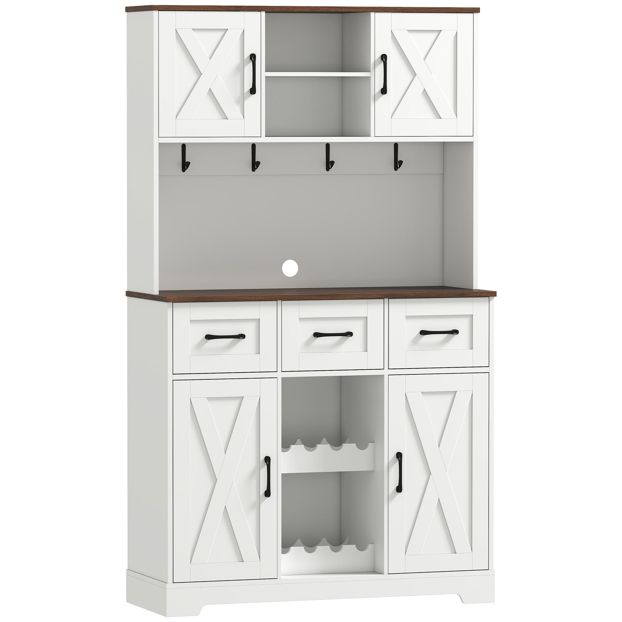 Amário de Cozinha Alto com Suporte para 8 Garrafas 4 Portas 3 Gavetas Prateleiras Abertas100x38x172 cm Branco