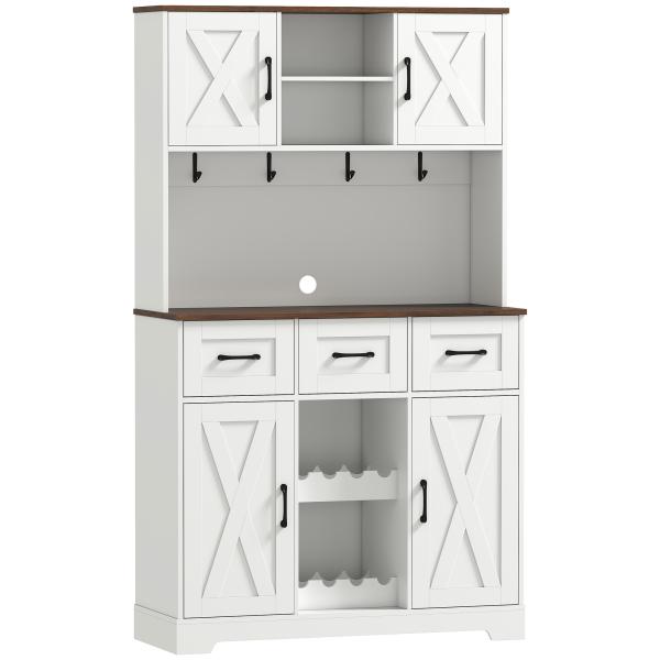 Amário de Cozinha Alto com Suporte para 8 Garrafas 4 Portas 3 Gavetas Prateleiras Abertas100x38x172 cm Branco