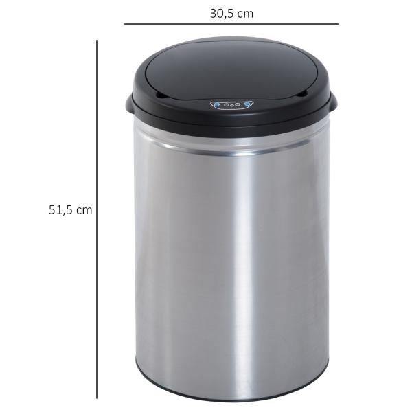 Balde de Lixo Inteligente de Aço Inoxidável 30L com Sensor Infravermelho de Abertura Automática Ø30,5x51,5cm Prata e Preto