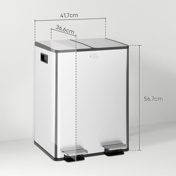 Balde de Lixo de Cozinha com 2 Compartimentos 2x20L Pedal Tampa de Fechamento Suave e Cubo Amovível Prata
