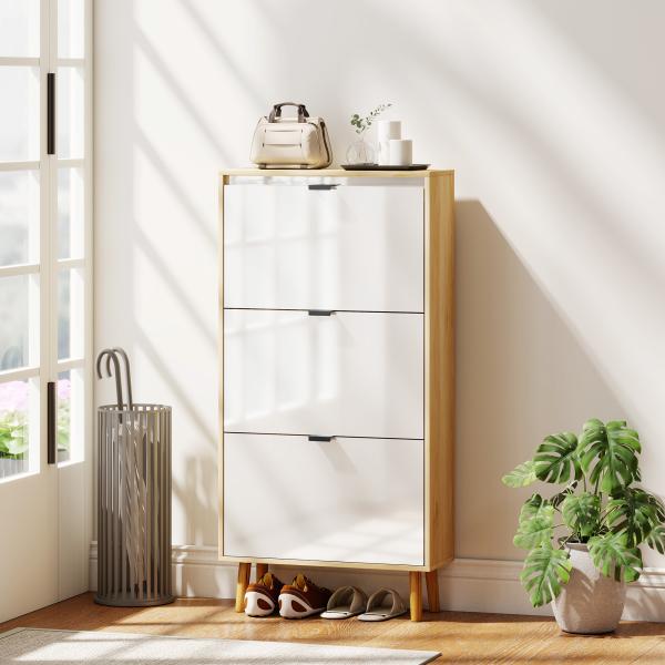 Sapateira Estreita com 3 Portas em Branco Brilhante Prateleiras Ajustáveis Pernas de Madeira para 18 Pares de Sapatos 60x24x127 cm