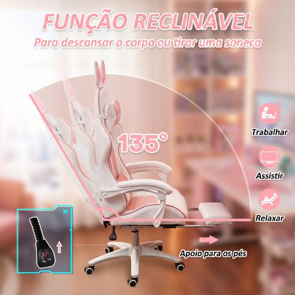 Cadeira Gaming Giratória de Couro PU com Altura Ajustável Inclinável 135° Apoio para a Cabeça 65x63x136 - 142 cm Rosa e Preto