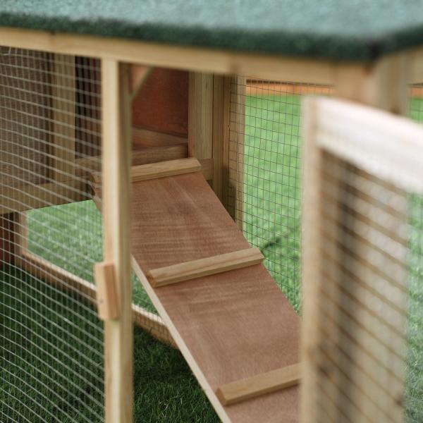 Coelheira de Exterior Grande Gaiola de Madeira para 2 - 4 Coelhos com Teto Asfáltico Recinto de Arame Bandeja Removível e Rampas 210x45,5x84,5 cm Natural