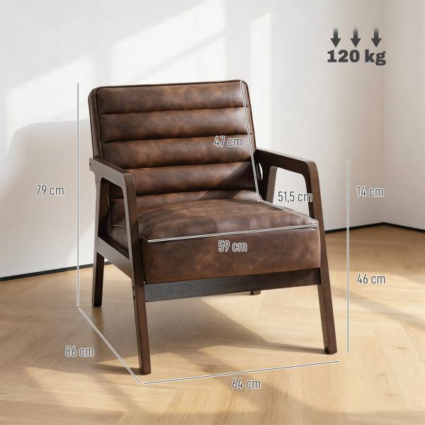 Poltrona Vintage Estofada em Couro Sintético com Almofada Espessa Estrutura em Madeira Maciça 64x79,5x80 cm Castanho