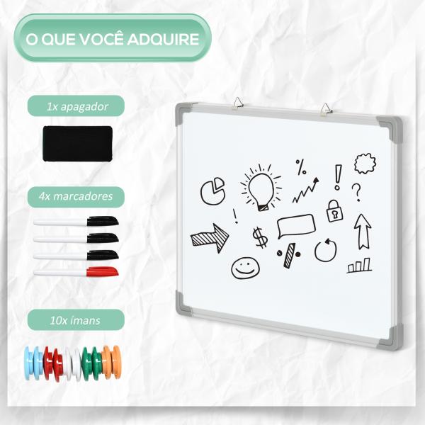 Quadro Magnético com Estrutura de Liga de Alumínio 60x45cm Quadro Magnético com Apagador 4 Marcadores e 10 Ímás Branco