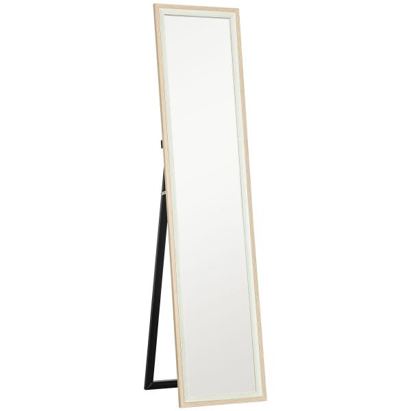 Espelho de Pé 37x157 cm Espelho de Corpo Inteiro com Estrutura de MDF e Suporte Branco e Madeira Clara