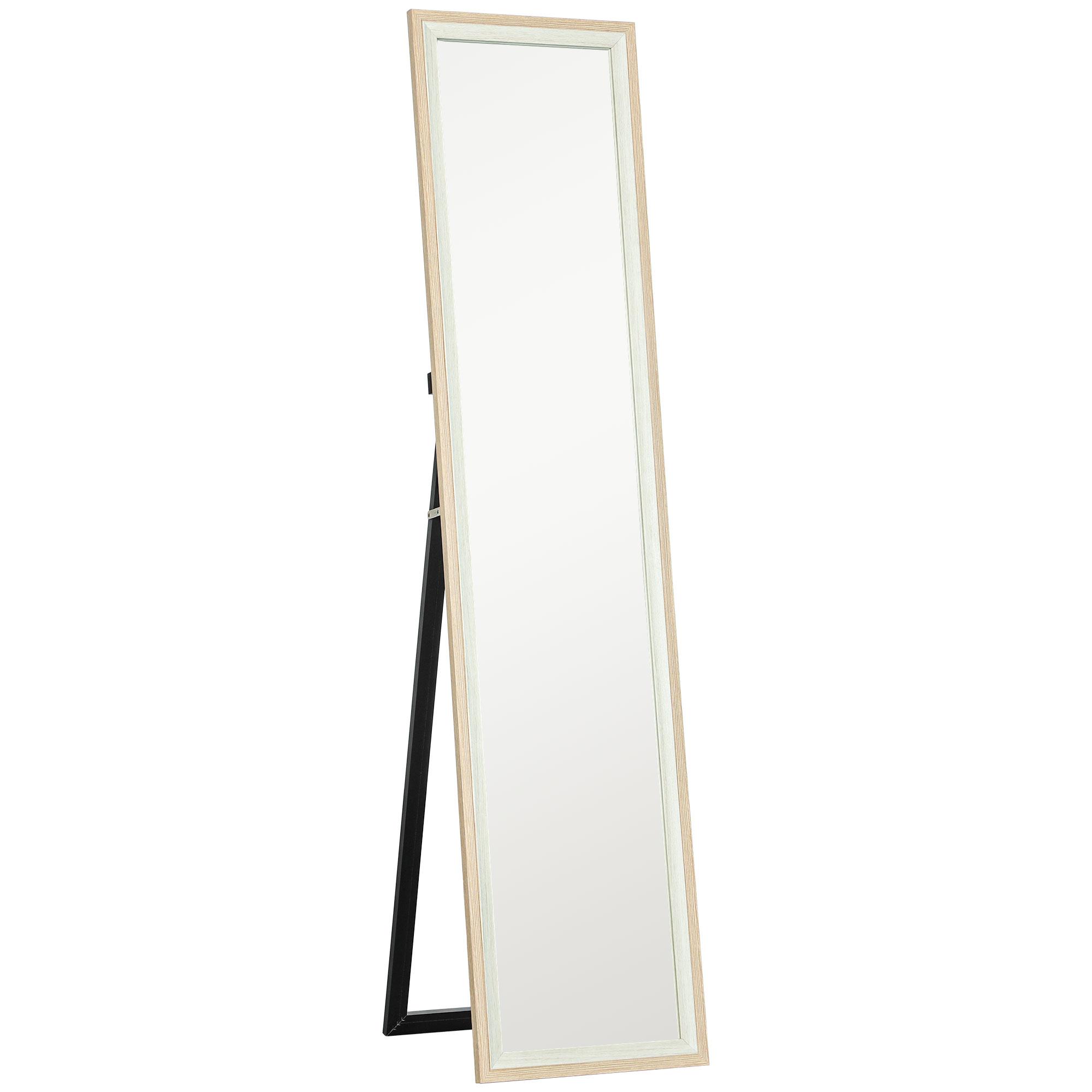 Espelho de Pé 37x157 cm Espelho de Corpo Inteiro com Estrutura de MDF e Suporte Branco e Madeira Clara