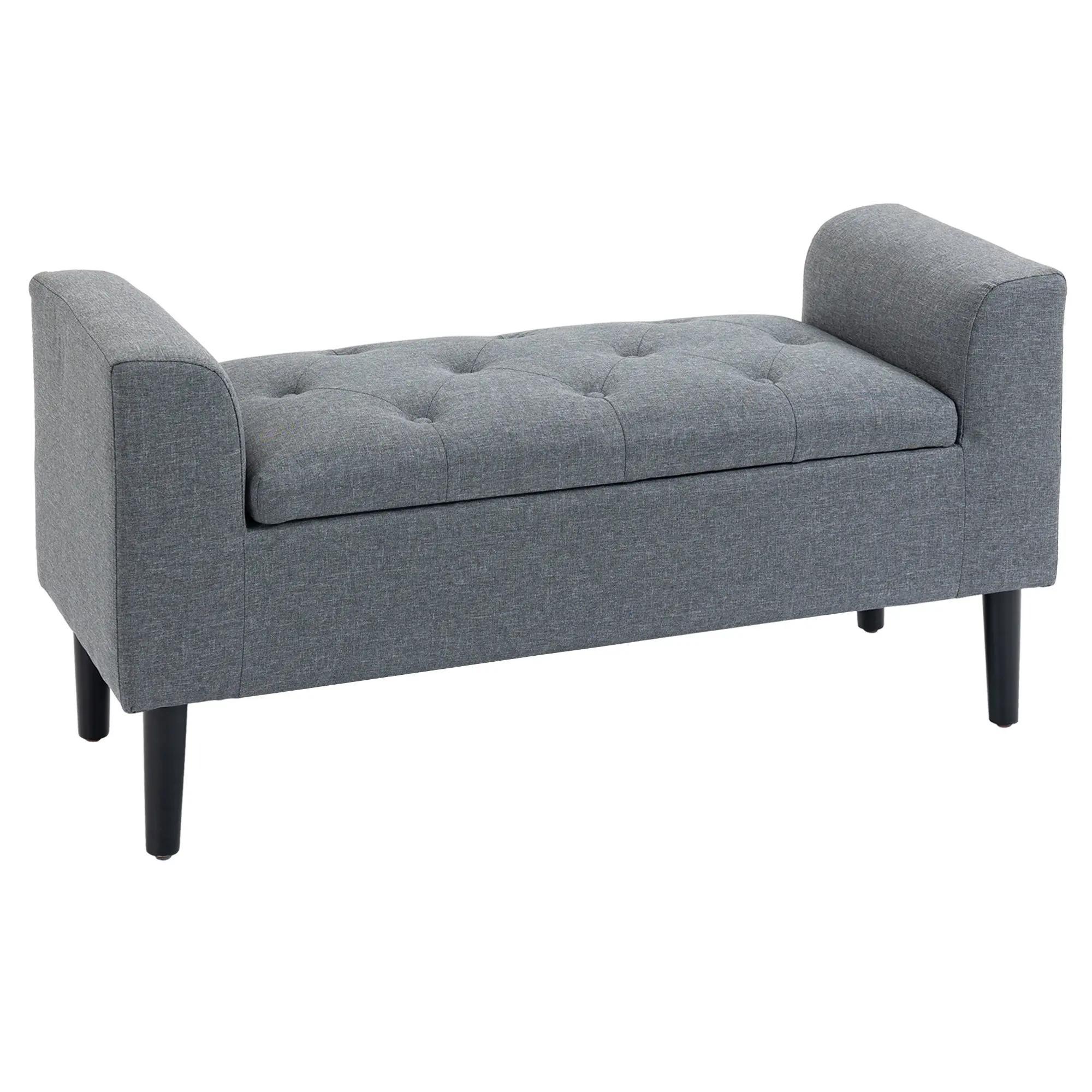 Banco para Pé de Cama Acolchoado com Espaço de Armazenamento Banco Multifuncional com Braços Tampa e Pés de Madeira para Dormitórios Sala de Estar 116x44x58 cm Cinza