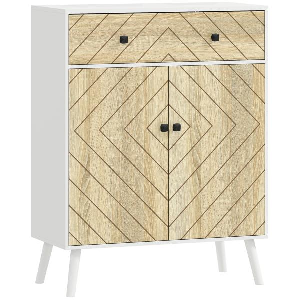Sapateira de 2 Portas com Design em Espiga Prateleiras Ajustáveis Gaveta para 12 Pares de Sapatos 75x35x97 cm, Branco e Madeira