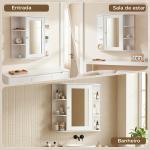 Armário de Casa de Banho com Espelho, Armário de Parede com Porta, Prateleiras Abertas, Móvel Suspenso para Cozinha, Sala, 66x17x63 cm, Branco