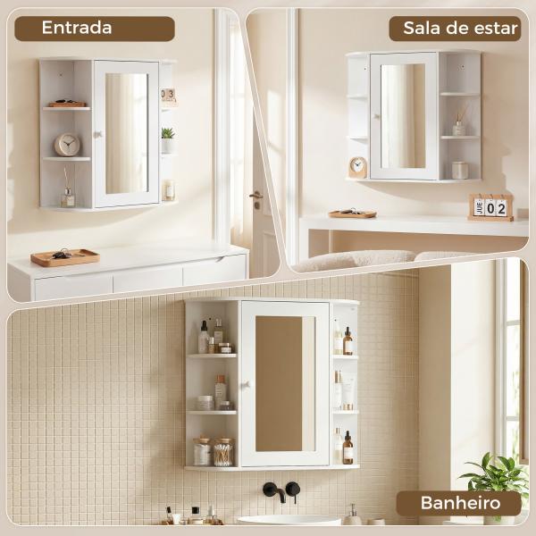 Armário de Casa de Banho com Espelho, Armário de Parede com Porta, Prateleiras Abertas, Móvel Suspenso para Cozinha, Sala, 66x17x63 cm, Branco