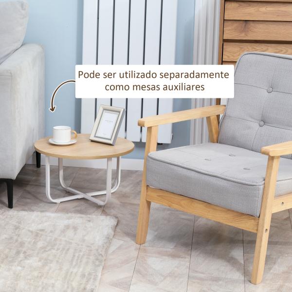 Conjunto de 2 Mesas de Centro Ø65x32cm e Ø45x26cm Mesas Redondas com Bancada de Madeira e Pés de Metal Madeira e Branco