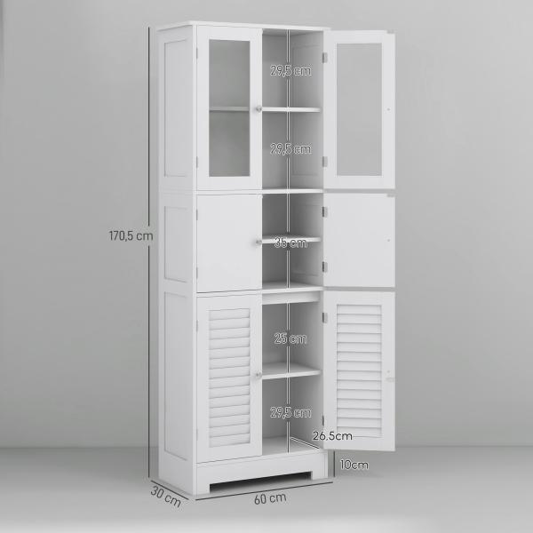 Armário Casa de Banho Coluna Casa de Banho com 6 Portas Prateleiras Ajustáveis Anti - tombo 60x30x170,5 cm Branco