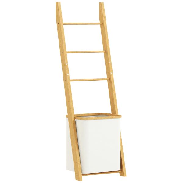 Estante para Casa de Banho de Bambu com 3 Barras e Cesto para Roupa Suja Removível de 48 L 43x35x133 cm Creme e Madeira