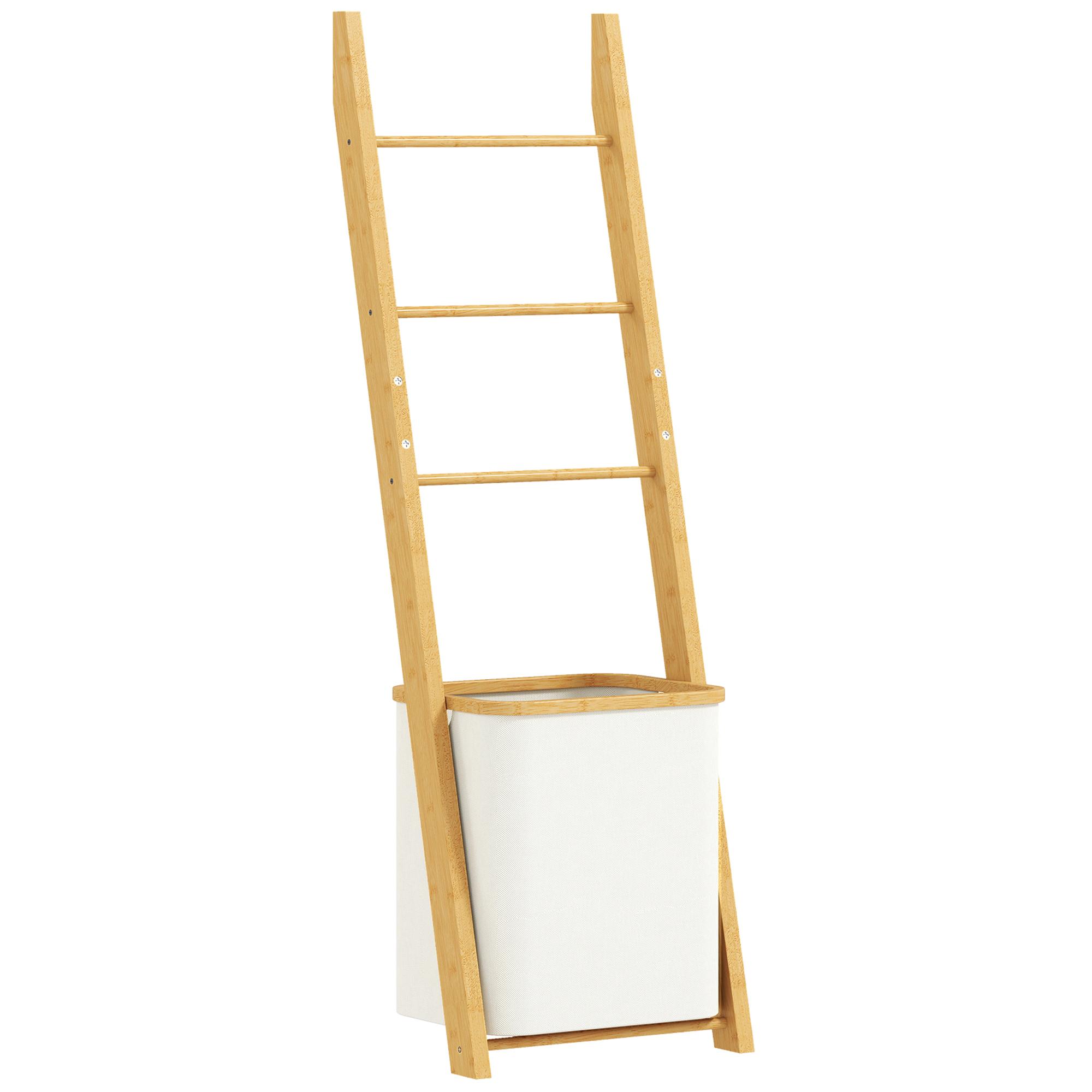 Estante para Casa de Banho de Bambu com 3 Barras e Cesto para Roupa Suja Removível de 48 L 43x35x133 cm Creme e Madeira