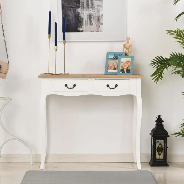 Mesa Consola Mesa Auxiliar com 2 Gavetas para Entrada Corredor Sala de Estar 87x34x78,5cm Branco e Madeira
