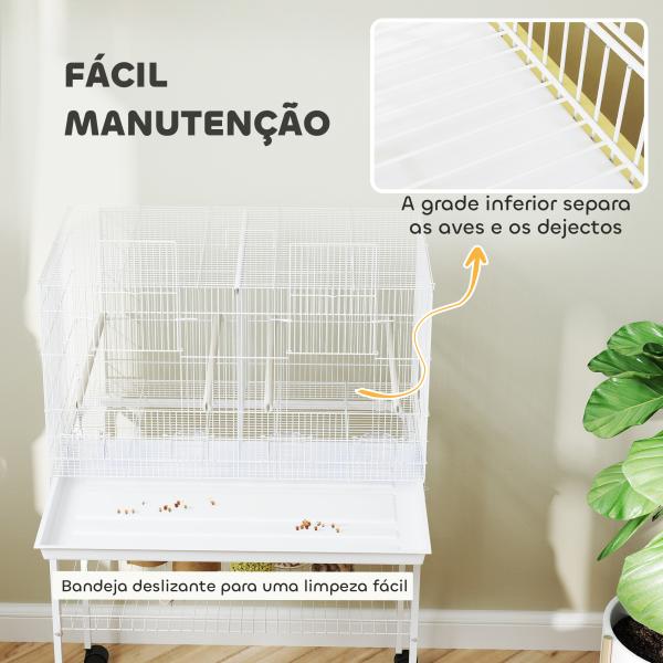 Gaiola para Pássaros com Divisória Rodas Gaiola para Aves com Comedouros Poleiros e Bandeja Removível 76x46x116 cm Branco