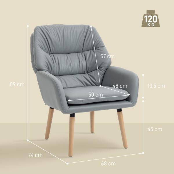 Poltrona de Sala de Estar Moderna Acolchoada de Dupla Camada Estofada em Couro Sintético Pés de Madeira 68x74x89 cm Cinza