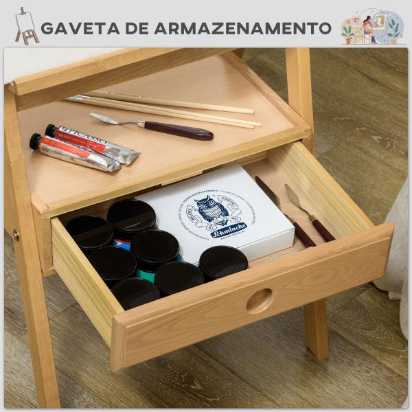 Cavalete de Pintura para Telas de Até 92 cm com Gaveta Altura Ajustável e Estrutura em H 43,5x43x150 - 190 cm Madeira