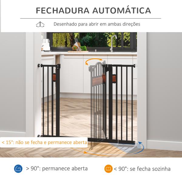Barreira de Segurança para Cães Extensível para Portas Escadas 74 - 105cm com 2 Extensões de 10 e 15cm com 2 Portas e Fechadura Automática Aço Preto