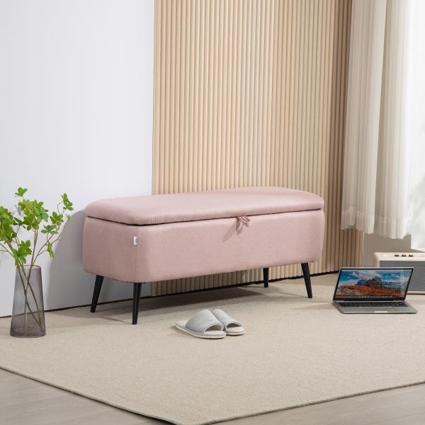 Banco de Armazenamento Estofado em Linho com Tampa Abatível e Pés de Aço Carga Máxima 150kg 101x38,5x44,5 cm Rosa