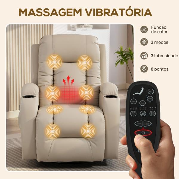 Poltrona de Massagem Reclinável até 145° com 8 Pontos de Massagem por Vibração Função de Aquecimento 82x99x103 cm Creme