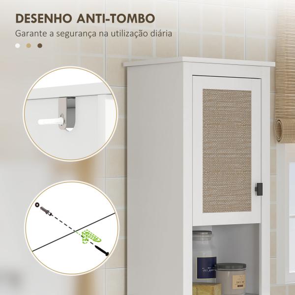 Coluna Casa de Banho com Prateleira Ajustável 2 Portas em Vime e 2 Compartimentos Estilo Boho 40x30x167,5 cm Branco