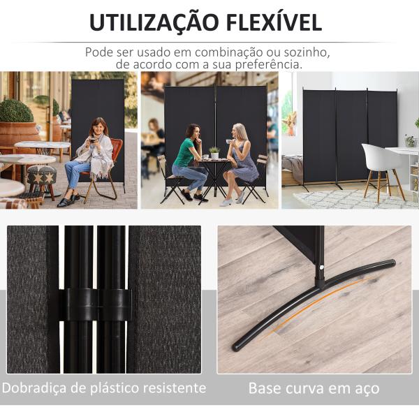 Biombo de 3 Paineis Separador de Ambientes Dobrável Biombo de Privacidade com 6 Pés de Metal 253x50x182 cm Preto