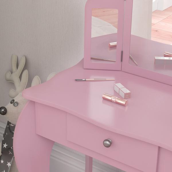 Toucador Infantil de Madeira com Banco e Espelho de Acrílico de 2 Seções Mesa de Maquilhagem Infantil 63x40x85,5 cm Rosa