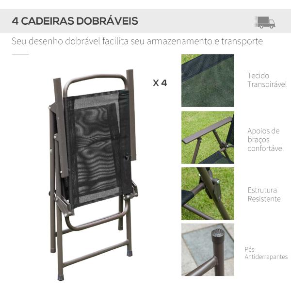 Conjunto de Jardim Refeição 6 Peças com 4 Cadeiras Dobráveis 1 Mesa com Bancada de Vidro e 1 Chapéu de Sol Preto