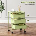 Carrinho Auxiliar com Rodas Carrinho de Cozinha de 3 Níveis com 3 Cestos e Estrutura de Aço 40,8x33,5x60,5 cm Verde